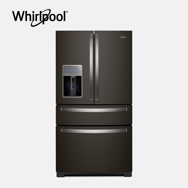 Whirlpool French door refrigerator with logo overlay