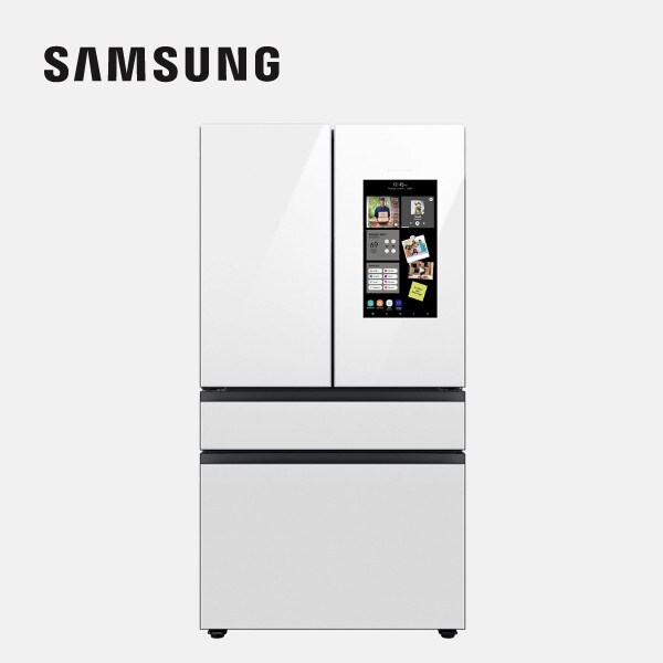 Samsung French door refrigerator, white, with brand logo overlay