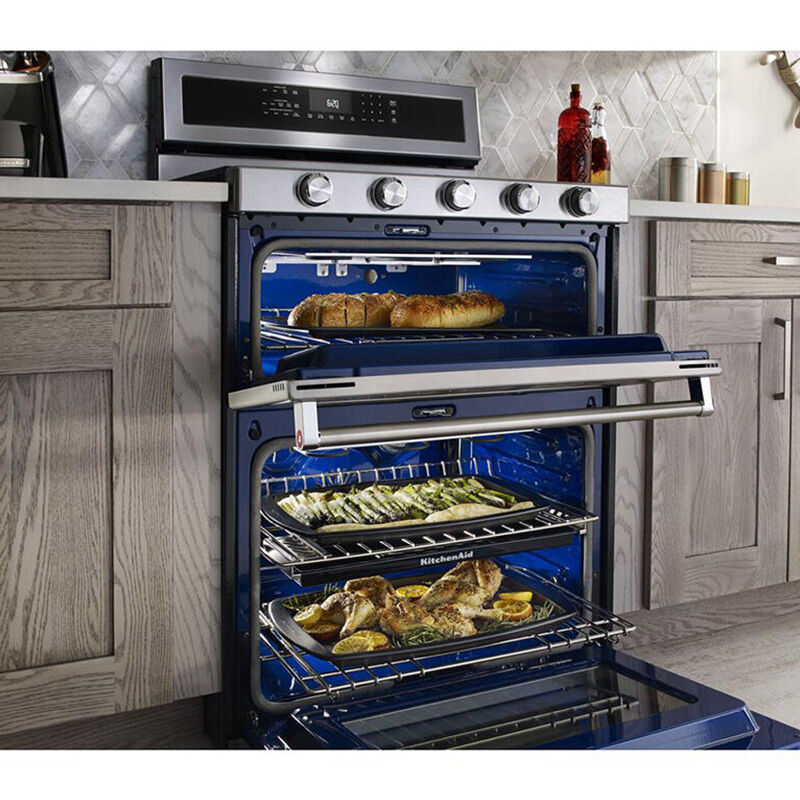KitchenAid 30 in. 6.7 cu. ft. Convection Double Freestanding Dual Fuel Range with 5 Sealed Burners & Griddle - Stainless Steel | P.C. & Son