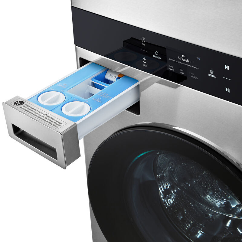 LG 27 in. 5.0 cu. ft. Smart Electric Front Load WashTower with AI Sensor Dry, TurboSteam, Allergiene Cycle, ezDispense, AI DD 2.0 Advanced Washing, Sensor Dry, Sanitize & Steam Cycle - Noble Steel, Noble Steel, hires