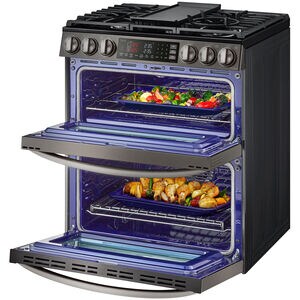 LG InstaView 30 in. 6.9 cu. ft. Smart Air Fry True European Convection Double Oven Slide-In Gas Range with 5 Sealed Burners & Griddle - PrintProof Black Stainless Steel, PrintProof Black Stainless Steel, hires