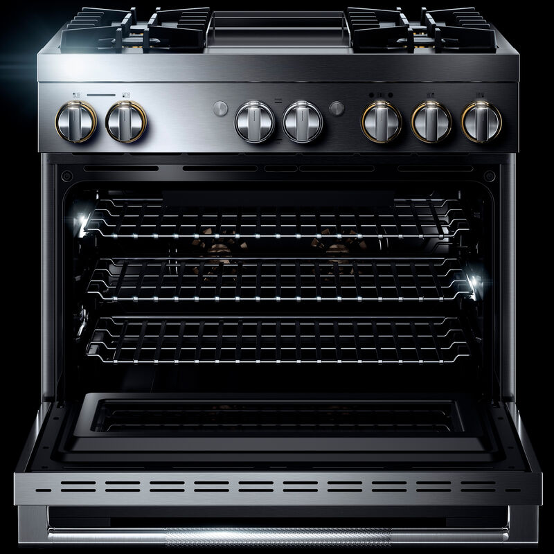 JennAir Rise Series 36 in. 5.1 cu. ft. Smart True European Convection Dual Fuel Range with 4 Sealed Burners & Griddle - Stainless Steel, , hires
