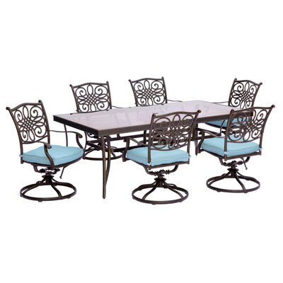 Hanover Traditions 7-Piece Dining Set with Extra Large Glass-Top Dining Table-Blue | TRADDN7PSWGB