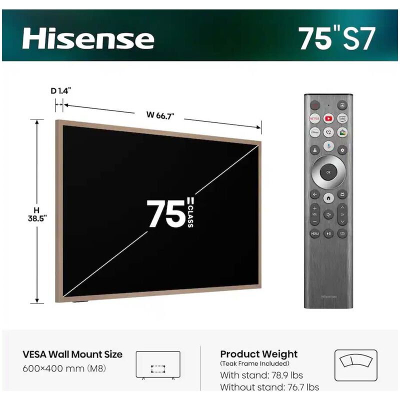 Hisense - 75" Class S7 Series QLED 4K UHD Smart Google TV, , hires