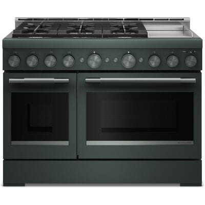 KitchenAid Commercial-Style 48 in. 6.3 cu. ft. Air-Fry True European Convection Double Oven Gas Range with 6 Sealed Burners & Griddle - Juniper | KFGD948SJP
