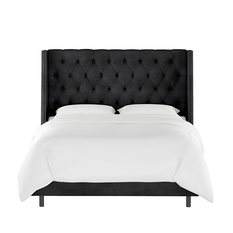 Skyline Queen Nail Button Tufted Wingback Bed in Velvet - Black, Black, hires