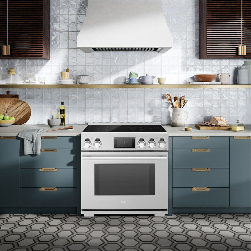 SKS 36 in. 6.3 cu. ft. Smart Air-Fry Standard Convection Steam Electric Range with 5 Induction Burners - Stainless Steel, , hires