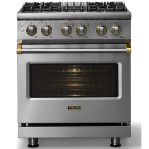 Viking 5 Series 30 in. 4.7 cu. ft. True European Convection Dual Fuel Range with 4 Sealed Burners - Stainless Steel - Natural Gas, Brushed Brass Trim Option, , hires
