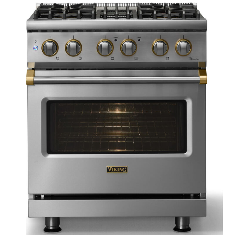 Viking 5 Series 30 in. 4.7 cu. ft. True European Convection Dual Fuel Range with 4 Sealed Burners - Stainless Steel - Natural Gas, Brushed Brass Trim Option, , hires