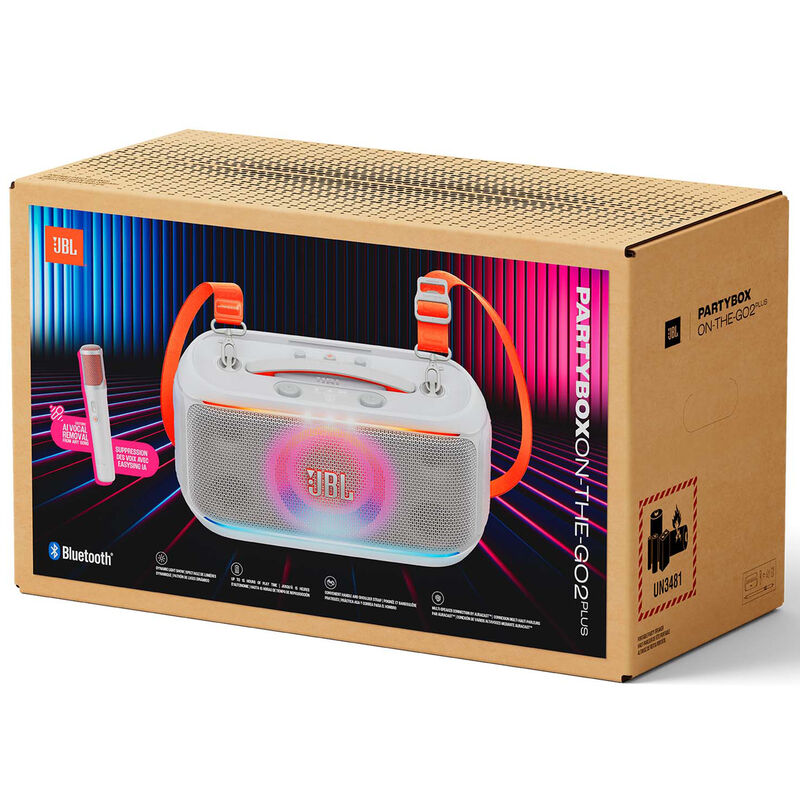 JBL Partybox On-The-Go 2 Plus Portable Party Speaker with Real-Time AI Vocal Removal, A Wireless Mic, Handle & Shoulder Strap - White, , hires