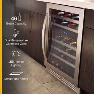Whirlpool 24 in. Undercounter Wine Cooler with Metal Racks, Dual Temperature Zones & 51 Bottle Capacity - Stainless Steel, , hires