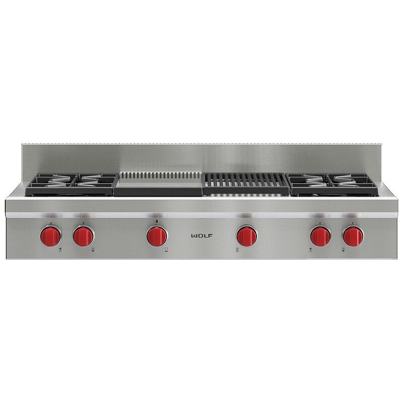 Wolf 48 in. 4-Burner Natural Gas Rangetop with Griddle, Grill & Power Burner - Stainless Steel, , hires