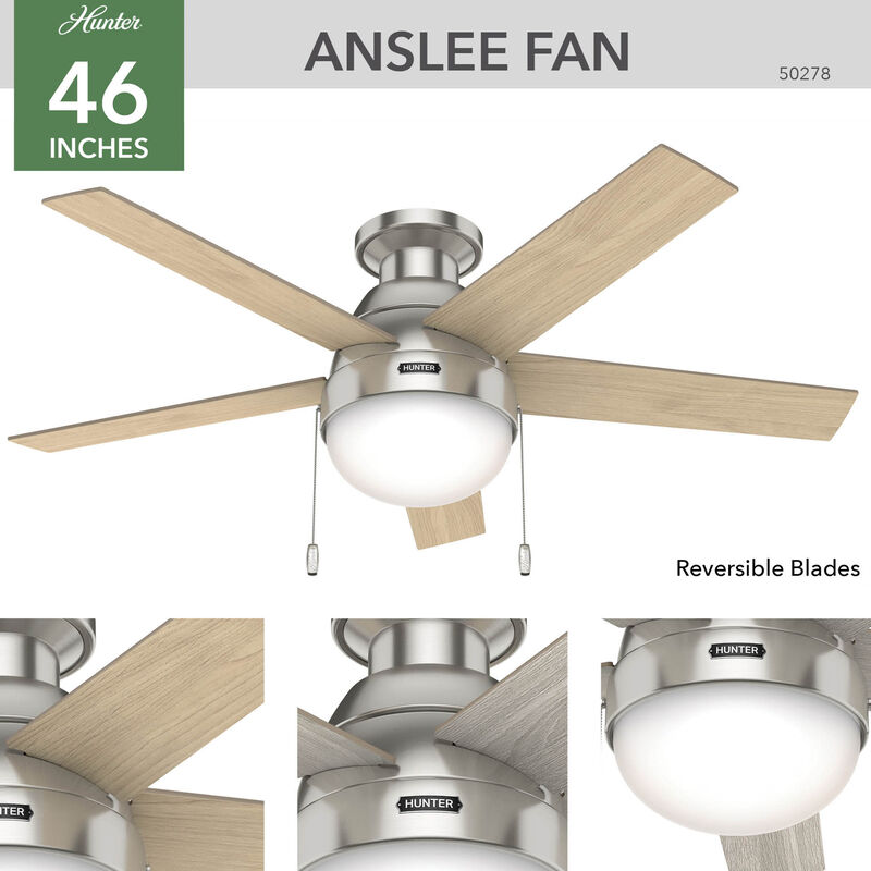 Hunter Anslee 46 in. Low Profile Ceiling Fan with LED Light Kit, Pull Chain- Brushed Nickel, Brushed Nickel, hires