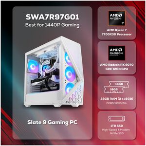 iBUYPOWER Slate Gaming Desktop with AMD Ryzen 7 7700X3D, 4 GHz, 8-Core CPU, AMD Radeon RX 9070 GRE, 12GB VRAM GPU, 32 GB RAM, 1 TB SSD & Windows 11 Home - White, , hires