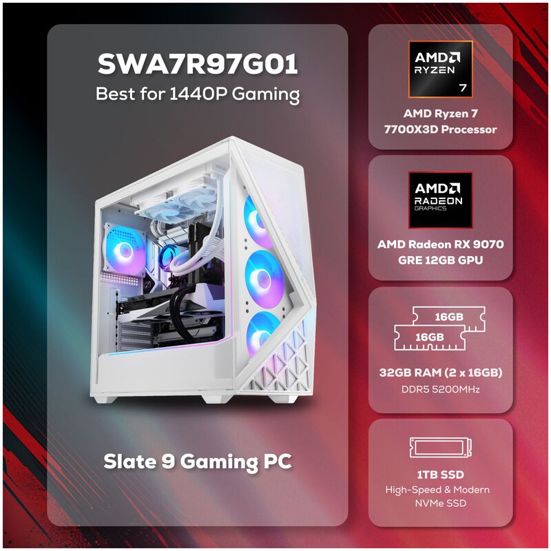 iBUYPOWER Slate Gaming Desktop with AMD Ryzen 7 7700X3D, 4 GHz, 8-Core CPU, AMD Radeon RX 9070 GRE, 12GB VRAM GPU, 32 GB RAM, 1 TB SSD & Windows 11 Home - White, , hires