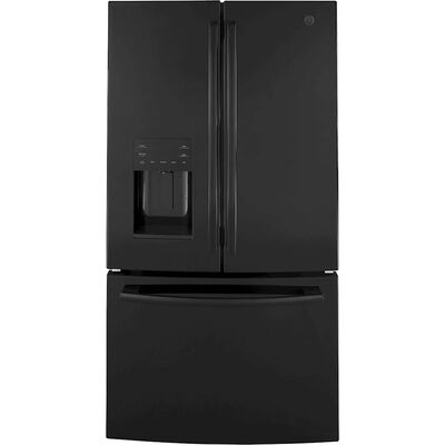 GE 36 in. 25.6 cu. ft. French Door Refrigerator with External Ice & Water Dispenser - Black | GFE26JGMBB