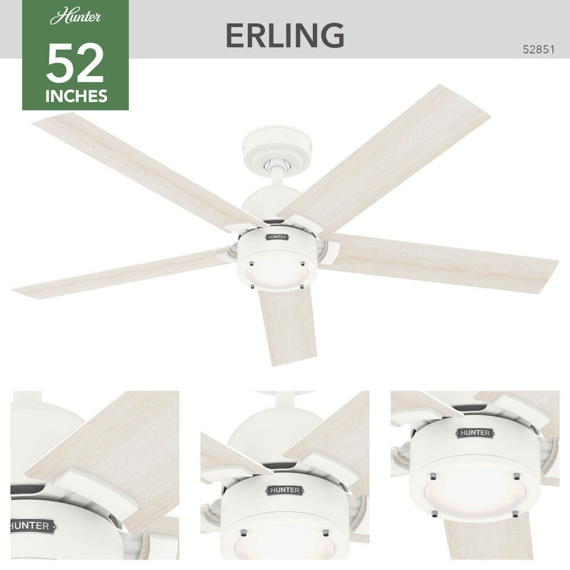 Hunter 52 in. Erling Energy Star Ceiling Fan with LED Light Kit & Handheld Remote - Fresh White, Fresh White, hires
