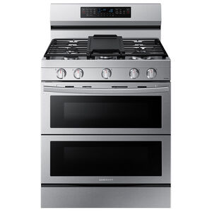 Samsung 30 in. 6.0 cu. ft. Smart Air Fry Convection Double Oven Freestanding Gas Range with 5 Sealed Burners & Griddle - Stainless Steel, Stainless Steel, hires