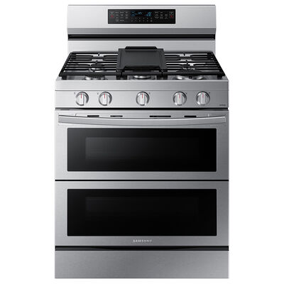 Samsung 30 in. 6.0 cu. ft. Smart Air Fry Convection Double Oven Freestanding Gas Range with 5 Sealed Burners & Griddle - Stainless Steel | NX60A6751SS