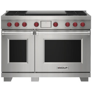 Wolf 48 in. 7.8 cu. ft. Smart Dual Convection Double Oven Dual Fuel Range with 4 Sealed Burners & Griddle - Stainless Steel, , hires