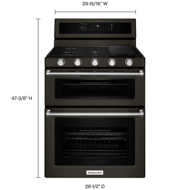 KitchenAid 30 in. 6 cu. ft. True European Convection Double Oven Gas Range with 5 Sealed Burners & Griddle - Black Stainless, , hires