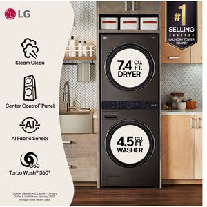 LG 27 in. WashTower with 4.5 cu. ft. Washer with 10 Wash Programs & 7.4 cu. ft. Electric Dryer with 9 Dryer Programs, Sensor Dry & Wrinkle Care - Black Steel, Black Steel, hires