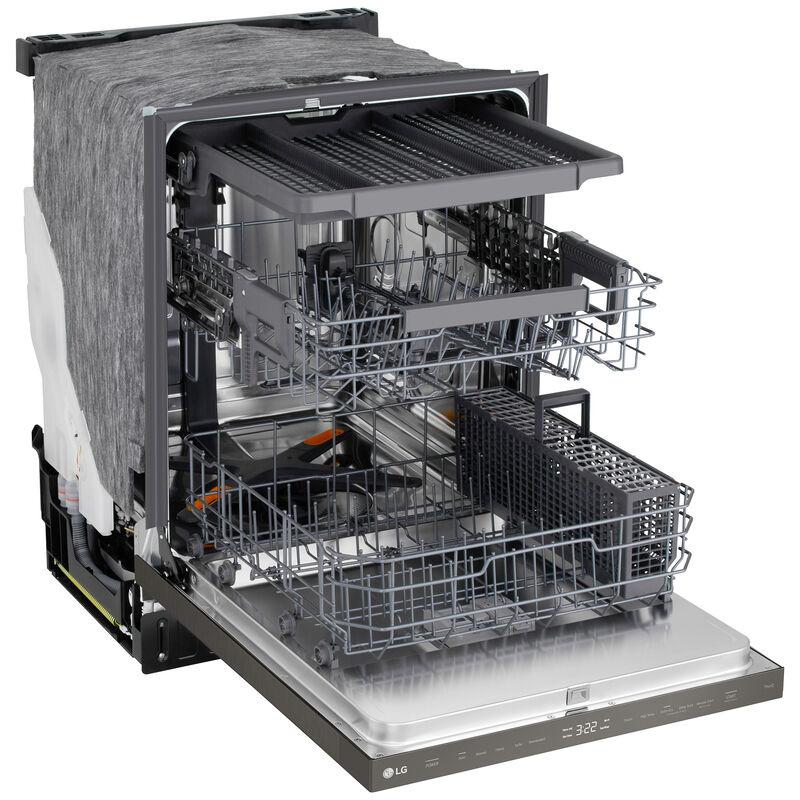 LG 24 in. Top Control Flush-Mount Smart Dishwasher with 46 dBA Sound Level, 3rd-Rack, AutoVent Dry & Pocket Handle - Black Stainless Steel, , hires