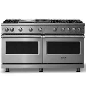 Viking 5 Series 60 in. 8.0 cu. ft. Standard Convection Double Oven Gas Range with 6 Sealed Burners, Grill & Griddle - Stainless Steel - Liquid Propane Gas, Polished Chrome Trim Option, , hires