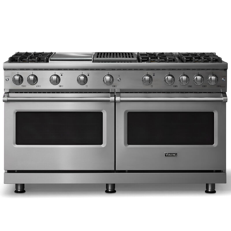 Viking 5 Series 60 in. 8.0 cu. ft. Standard Convection Double Oven Gas Range with 6 Sealed Burners, Grill & Griddle - Stainless Steel - Liquid Propane Gas, Polished Chrome Trim Option, , hires