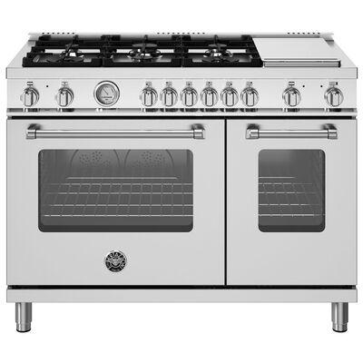 Bertazzoni Master Series 48 in. 7.0 cu. ft. Air Fry Convection Double Oven Freestanding Dual Fuel Range with 6 Sealed Burner & Griddle - Stainless Steel | MA486BTEPXTL