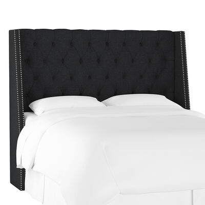 Skyline Queen Nail Button Tufted Wingback Headboard in Linen - Black | 122NBPWLNNBL