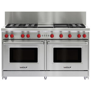 Wolf 60 in. 8.8 cu. ft. Standard Convection Double Oven Gas Range with 6 Sealed Burners, Grill & Griddle - Stainless Steel, , hires