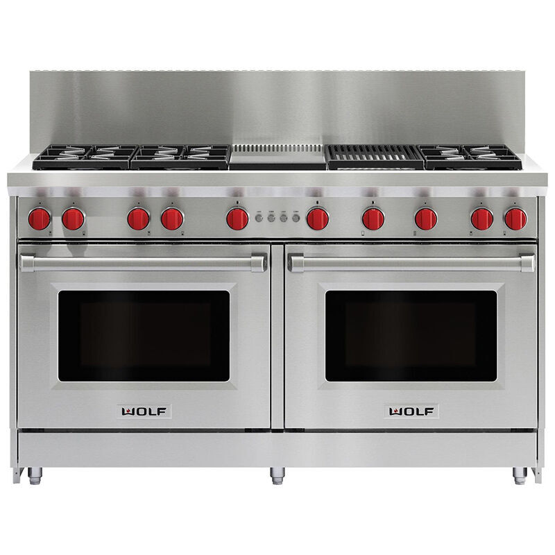 Wolf 60 in. 8.8 cu. ft. Standard Convection Double Oven Gas Range with 6 Sealed Burners, Grill & Griddle - Stainless Steel, , hires