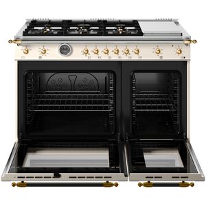 Bertazzoni Heritage Series 48 in. 7.1 cu. ft. Dual Convection Double Oven Gas Range with 6 Sealed Burners & Griddle - Ivory Gloss Finish, , hires