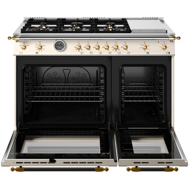 Bertazzoni Heritage Series 48 in. 7.1 cu. ft. Dual Convection Double Oven Gas Range with 6 Sealed Burners & Griddle - Ivory Gloss Finish, , hires