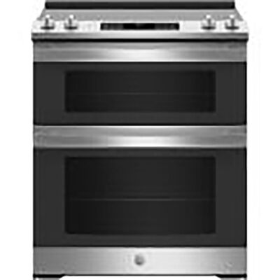 GE 30 in. 6.6 cu. ft. Air Fry True European Convection Double Oven Slide-In Electric Range with Smoothtop Burners - Stainless Steel | JSS86SPSS