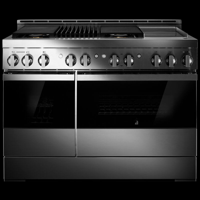 JennAir Noir Series 48 in. 6.3 cu. ft. Smart True European Convection Double Oven Gas Range with 4 Sealed Burners, Grill & Griddle - Stainless Steel, , hires