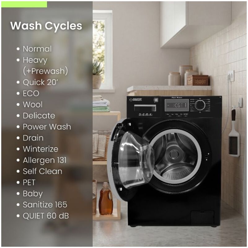 Equator Compact 24 in. 1.57 cu. ft. Stackable Front Load Washer with Pet & Sanitize Cycle - Black, , hires
