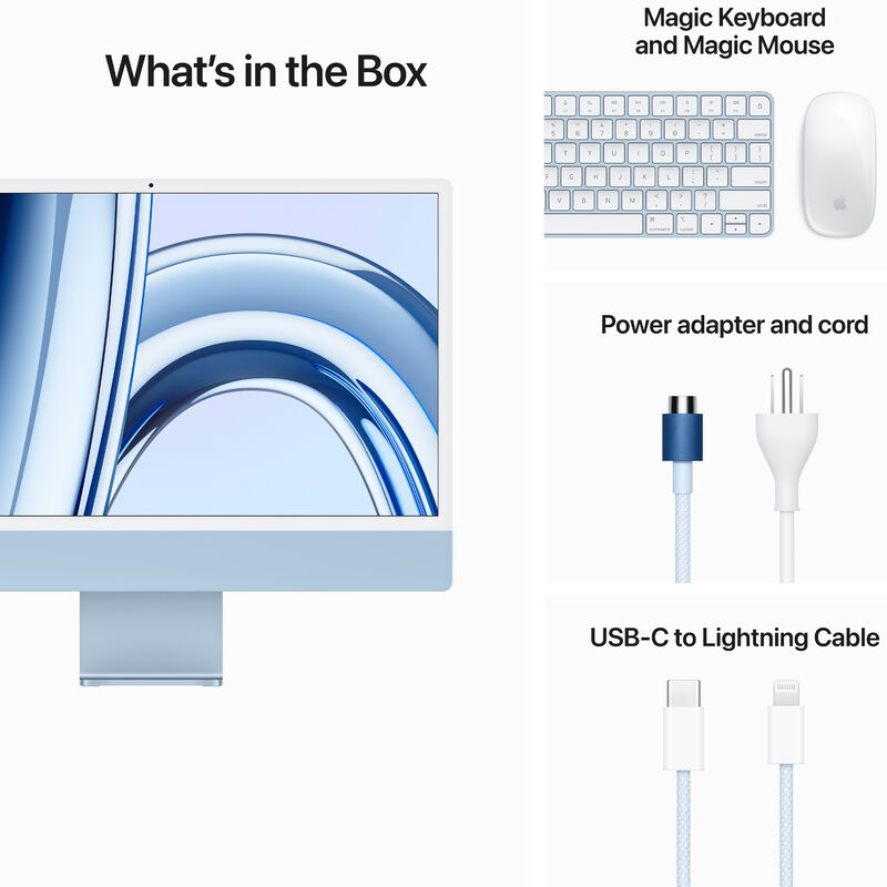 Apple iMac 24" (Late 2023) with Apple M3, 4.5K Retina Display, 8GB RAM, 512GB SSD, 8-core CPU, 10-core GPU, Blue, , hires