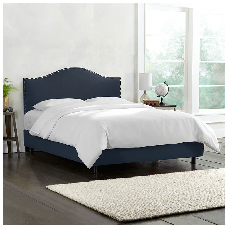 Skyline Queen Nail Button Bed in Linen - Navy, Navy, hires