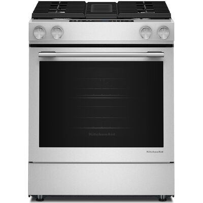 KitchenAid 30 in. 6.4 cu. ft. Air-Fry True European Convection Steam Slide-In Dual Fuel Range with 4 Sealed Burners - Stainless Steel with PrintShield Finish | KSDV730TPS