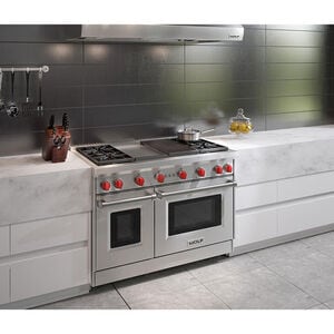Wolf 48 in. 6.9 cu. ft. Standard Convection Double Oven Gas Range with 4 Sealed Burners, Grill & Griddle - Stainless Steel, , hires