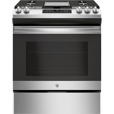 GE 30 in. 5.3 cu. ft. Oven Slide-In Gas Range with 5 Sealed Burners & Griddle - Stainless Steel | JGSS66SELSS