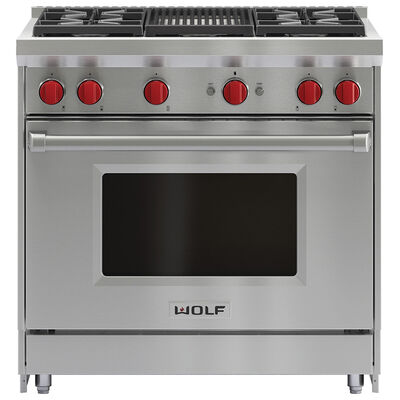 Wolf 36 in. 5.5 cu. ft. Standard Convection Gas Range with 4 Sealed Burners & Grill - Stainless Steel | GR364C