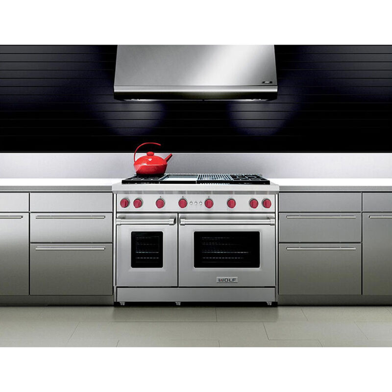 Wolf 48 in. 6.9 cu. ft. Standard Convection Double Oven Gas Range with 4 Sealed Burners, Grill & Griddle - Stainless Steel, , hires