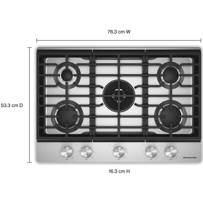 KitchenAid 30 in. 5-Burner Natural Gas Cooktop with Simmer Burner & Power Burner - Stainless Steel, , hires