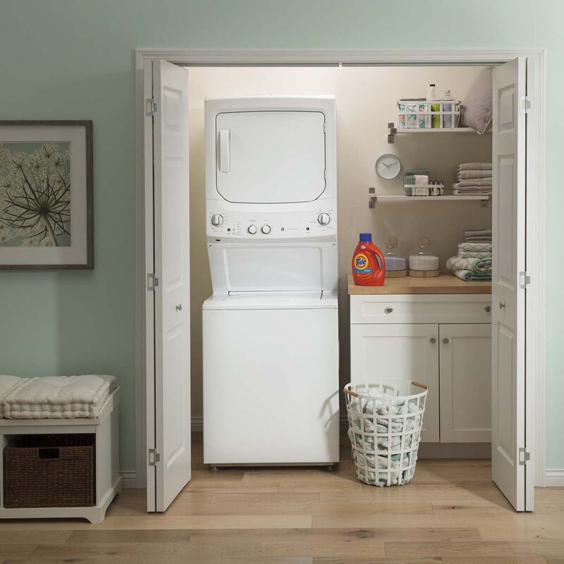 GE 27 in. Laundry Center with 3.8 cu. ft. Washer with 11 Wash Programs & 5.9 cu. ft. Gas Dryer with 4 Dryer Programs & Wrinkle Care - White, White, hires