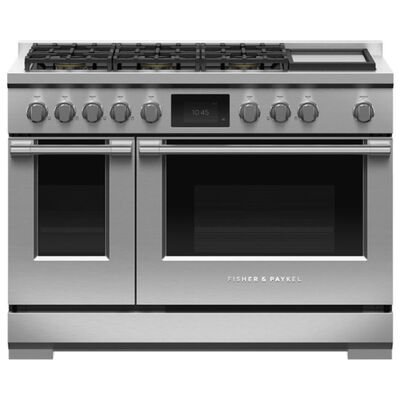 Fisher & Paykel Series 9 48 in. 6.9 cu. ft. Smart Air Fry Convection Double Oven Freestanding Dual Fuel Range with 6 Sealed Burners & Griddle - Stainless Steel | RDV3486GDN