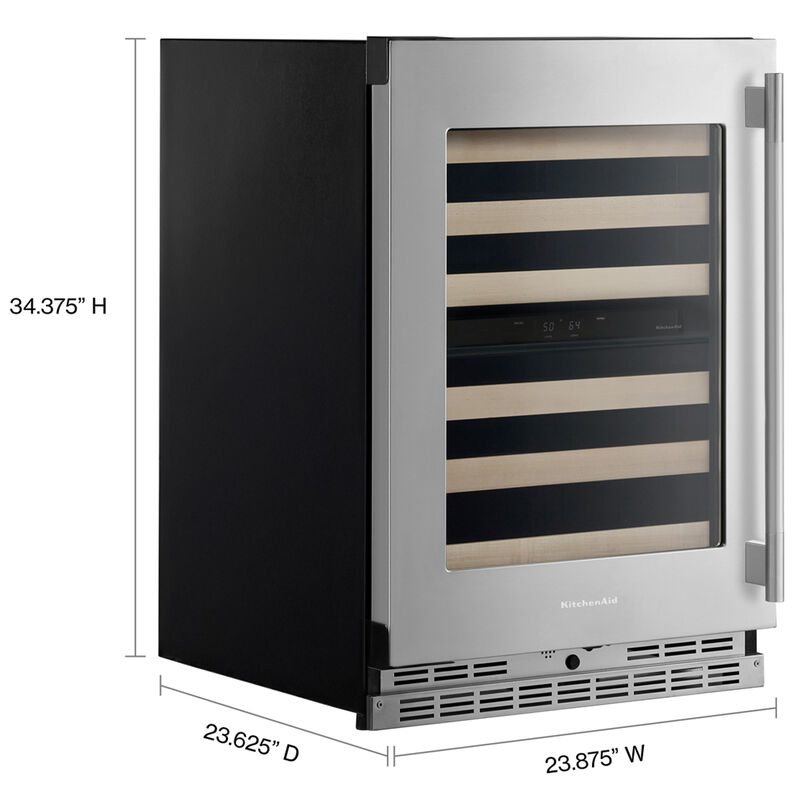 KitchenAid 24 in. Undercounter Left Hinged Wine Cooler with Wood Racks, Dual Temperature Zone(s) & 46-Bottle Capacity - Stainless Steel with Printshield Finish, , hires