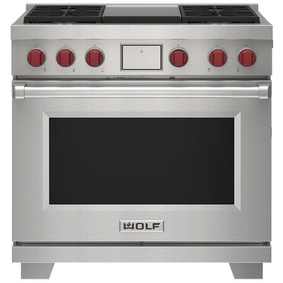 Wolf 36 in. 6.3 cu. ft. Smart Convection Oven Freestanding Dual Fuel Range with 4 Sealed Burners & Griddle - Stainless Steel | DF36450GSPLP